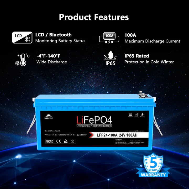 SunGoldPower 24V 100AH LIFEPO4 Deep Cycle Lithium Battery Bluetooth / Self-Heating / IP65 - SGP24V100S