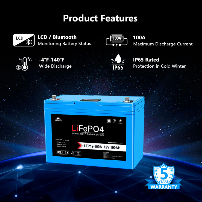 SunGoldPower 12V 100AH LIFEPO4 Deep Cycle Lithium Battery / Bluetooth /Self-Heating / IP65 - SGP12V100S