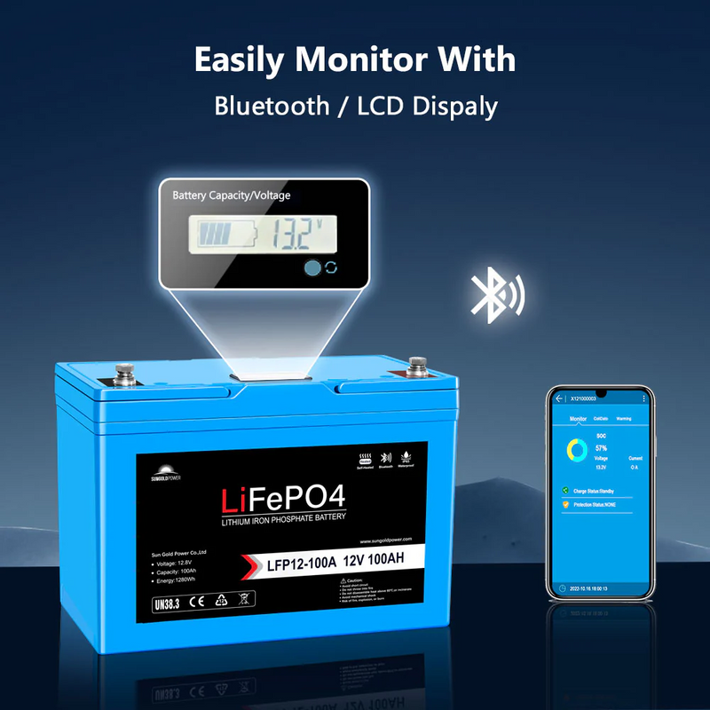 SunGoldPower 12V 100AH LIFEPO4 Deep Cycle Lithium Battery / Bluetooth /Self-Heating / IP65 - SGP12V100S