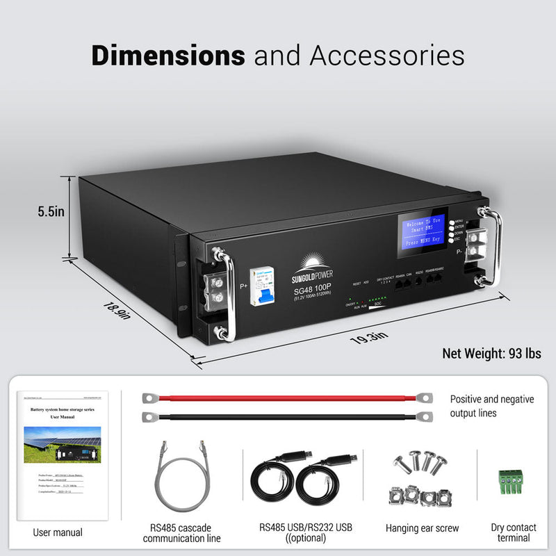 SunGoldPower 48V 100AH Server Rack LiFePO4 Lithium Battery SG48100P