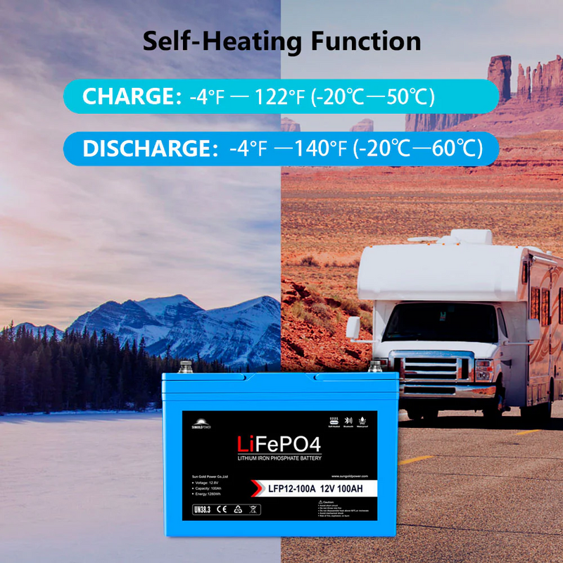 SunGoldPower 12V 100AH LIFEPO4 Deep Cycle Lithium Battery / Bluetooth /Self-Heating / IP65 - SGP12V100S