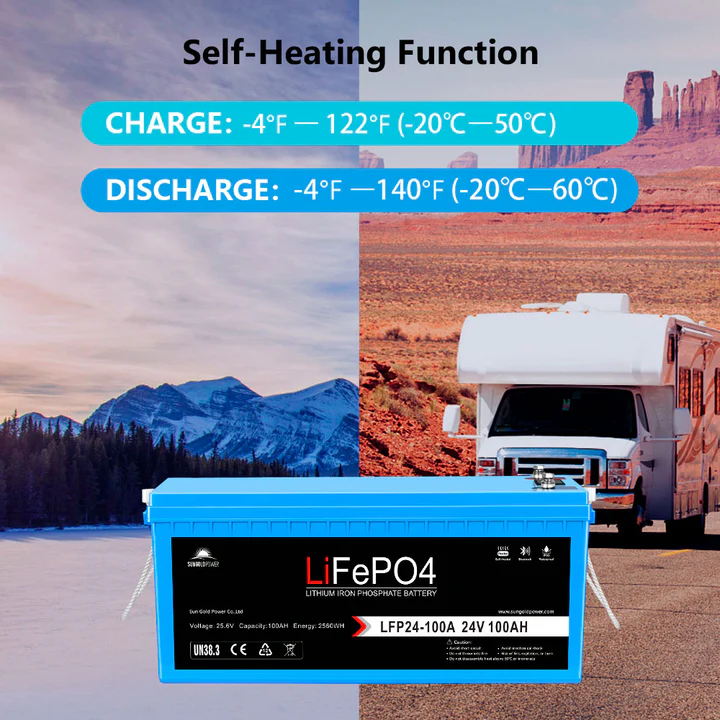 SunGoldPower 24V 100AH LIFEPO4 Deep Cycle Lithium Battery Bluetooth / Self-Heating / IP65 - SGP24V100S