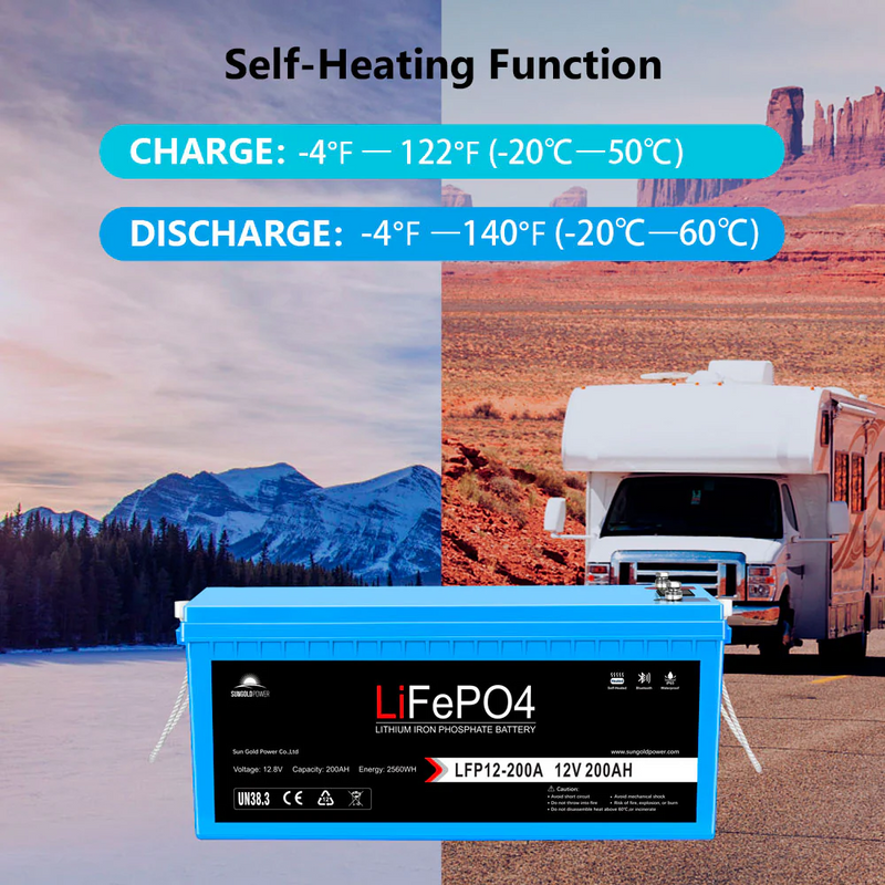 SunGoldPower 12V 200AH LIFEPO4 Deep Cycle Lithium Battery Bluetooth / Self-Heating / IP65 - SGP12V200S