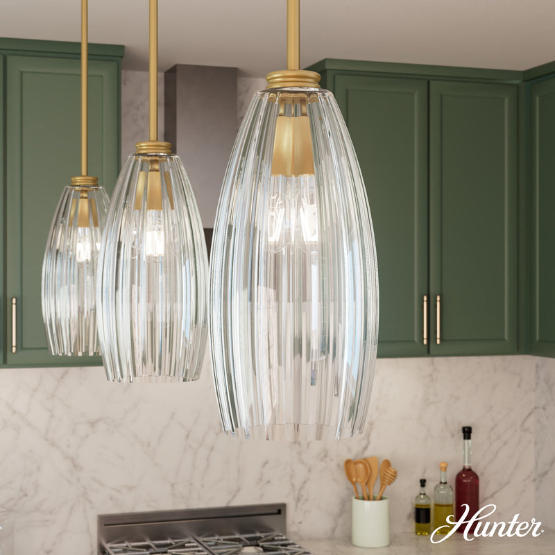 Hunter Rossmoor Luxe Gold with Clear Glass 1 Light Pendant Ceiling Light Fixture - Jasmine Roth Collection