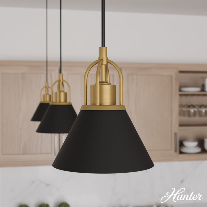 Hunter Carrington Isle Flat Matte Black and Luxe Gold 1 Light Mini Pendant Ceiling Light Fixture - Jasmine Roth Collection
