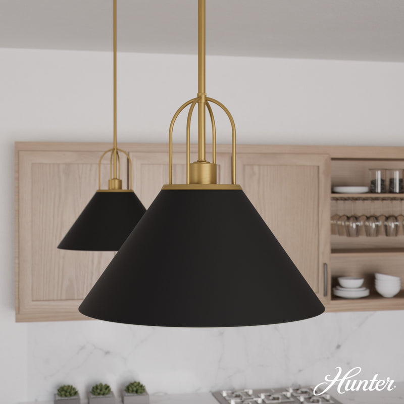 Hunter Carrington Isle Flat Matte Black and Luxe Gold 1 Light Pendant Ceiling Light Fixture - Jasmine Roth Collection