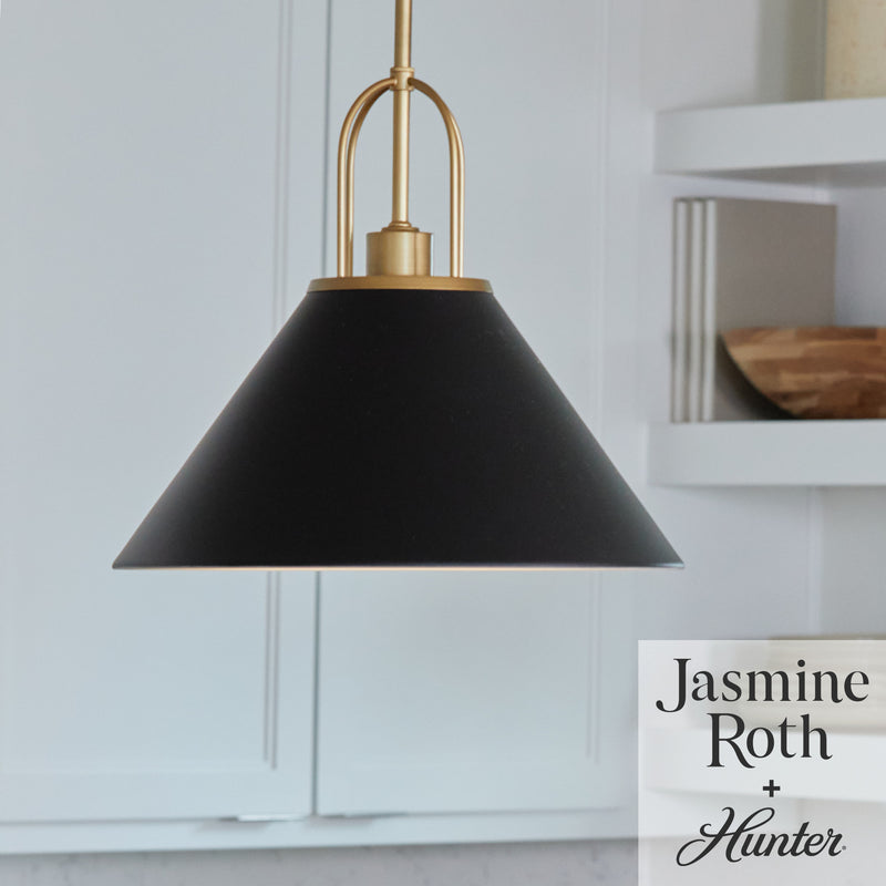 Hunter Carrington Isle Flat Matte Black and Luxe Gold 1 Light Pendant Ceiling Light Fixture - Jasmine Roth Collection