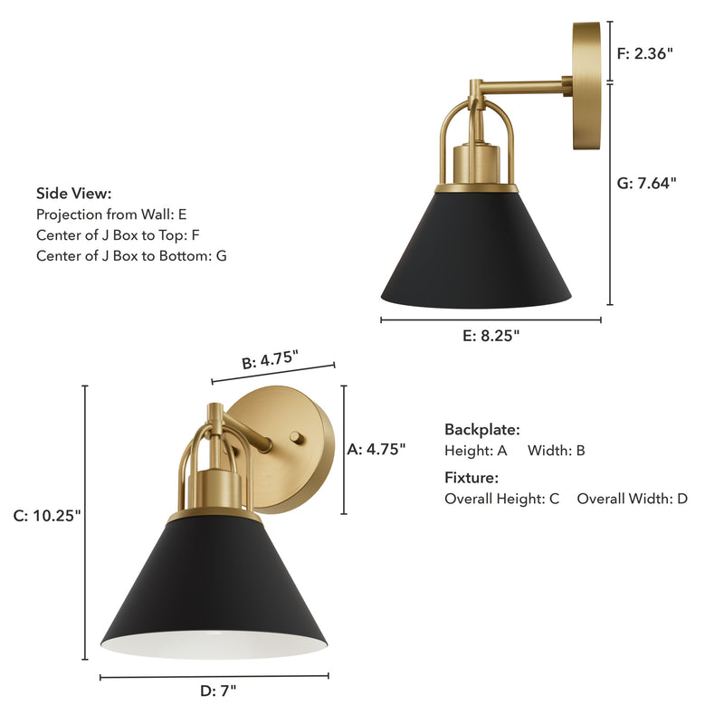 Hunter Carrington Isle Flat Matte Black and Luxe Gold 1 Light Sconce Wall Light Fixture - Jasmine Roth Collection