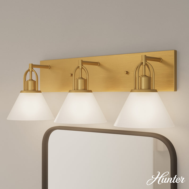 Hunter Carrington Isle Luxe Gold with Cased White Glass Glass 3 Light Bathroom Vanity Wall Light Fixture - Jasmine Roth Collection