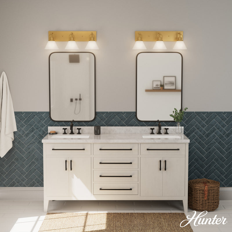 Hunter Carrington Isle Luxe Gold with Cased White Glass Glass 3 Light Bathroom Vanity Wall Light Fixture - Jasmine Roth Collection