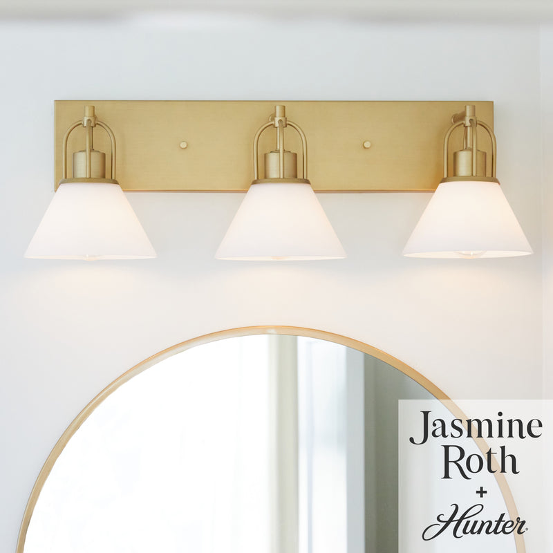 Hunter Carrington Isle Luxe Gold with Cased White Glass Glass 3 Light Bathroom Vanity Wall Light Fixture - Jasmine Roth Collection
