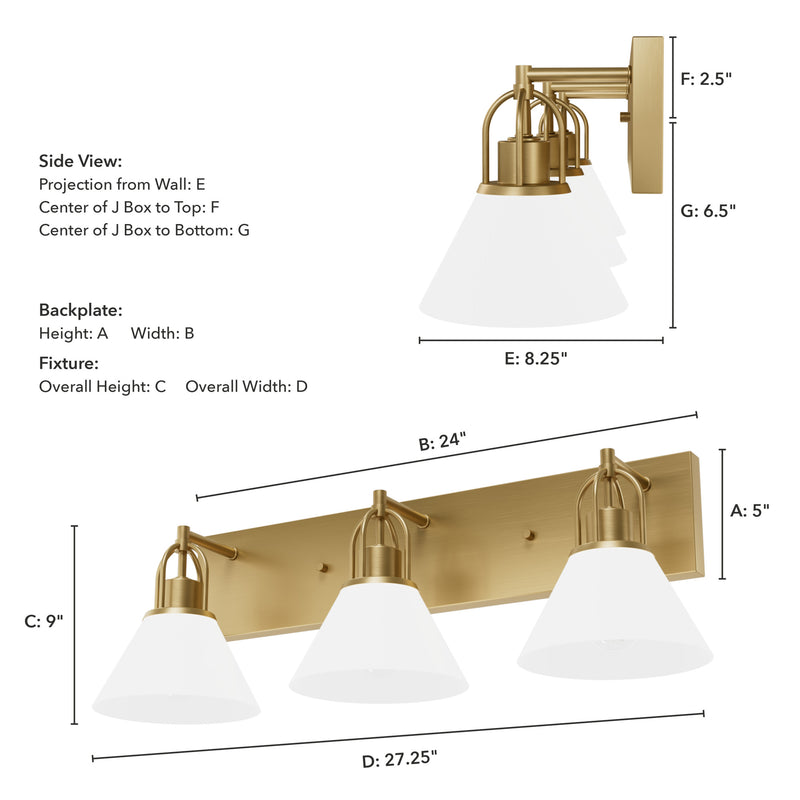 Hunter Carrington Isle Luxe Gold with Cased White Glass Glass 3 Light Bathroom Vanity Wall Light Fixture - Jasmine Roth Collection