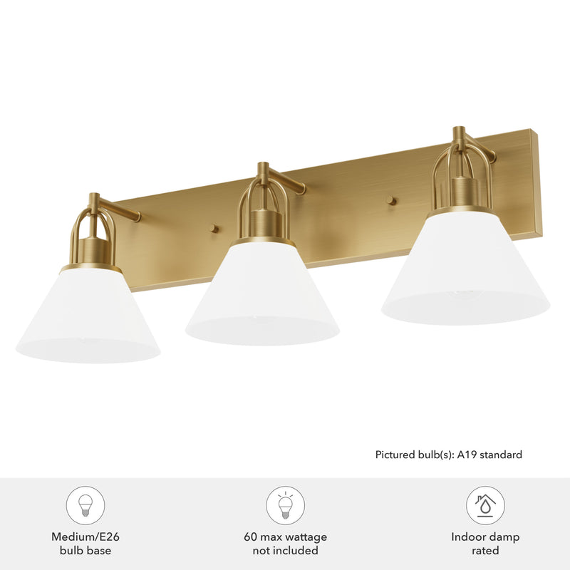 Hunter Carrington Isle Luxe Gold with Cased White Glass Glass 3 Light Bathroom Vanity Wall Light Fixture - Jasmine Roth Collection