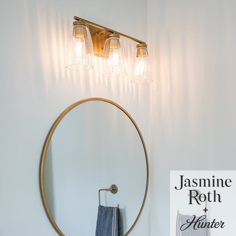 Hunter Rossmoor Luxe Gold with Clear Glass 3 Light Bathroom Vanity Wall Light Fixture - Jasmine Roth Collection
