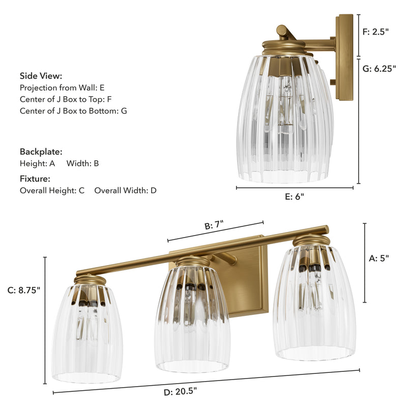 Hunter Rossmoor Luxe Gold with Clear Glass 3 Light Bathroom Vanity Wall Light Fixture - Jasmine Roth Collection