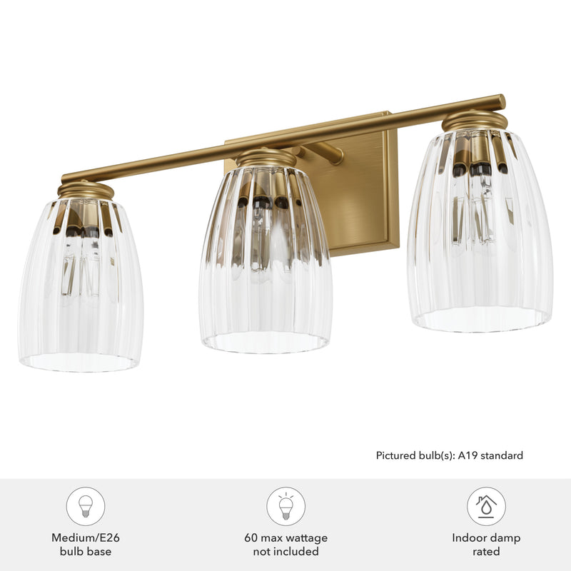 Hunter Rossmoor Luxe Gold with Clear Glass 3 Light Bathroom Vanity Wall Light Fixture - Jasmine Roth Collection