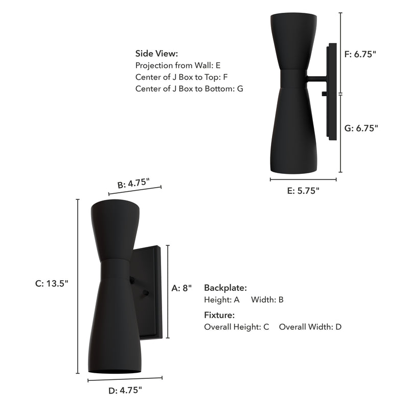 Hunter Zola Flat Matte Black 2 Light Sconce Wall Light Fixture - Jasmine Roth Collection