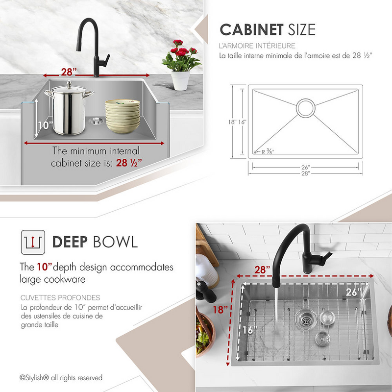 Stylish EMERALD 28" Dual Mount Single Bowl Kitchen Sink, 18 Gauge Stainless Steel with Grid and Basket Strainer - S-306TG