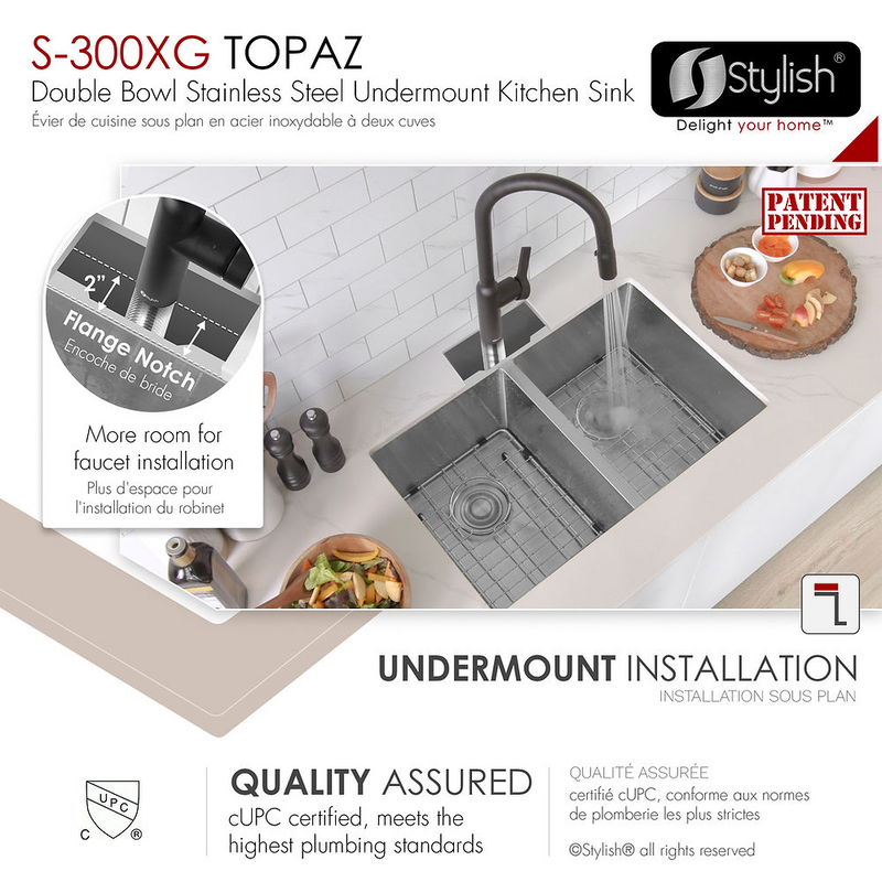 Stylish TOPAZ 28" Double Bowl Kitchen Sink, 16 Gauge Stainless Steel with Grids and Basket Strainers - S-300XG