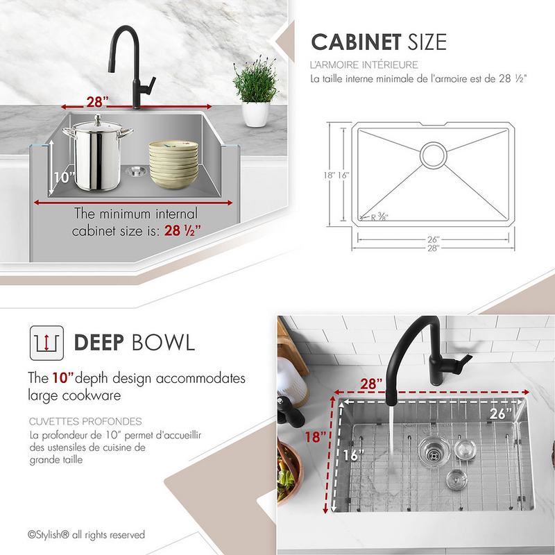 Stylish EMERALD 28" Dual Mount Single Bowl Kitchen Sink, 16 Gauge Stainless Steel with Grid and Basket Strainer - S-306XG
