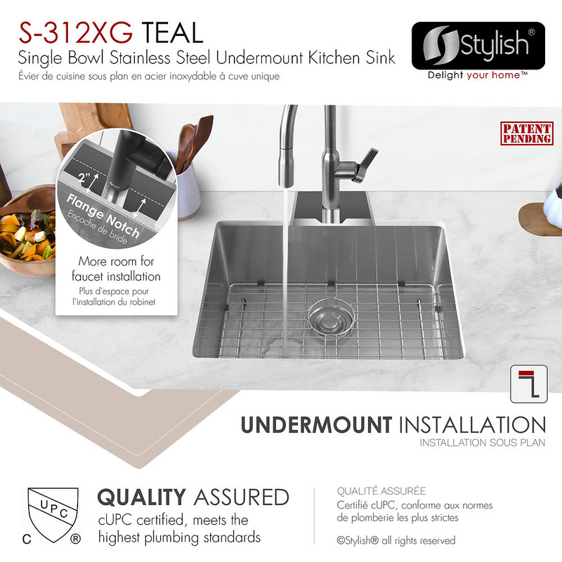 Stylish TEAL 25" Single Bowl Kitchen Sink, 16 Gauge Stainless Steel with Grid and Basket Strainer - S-312XG