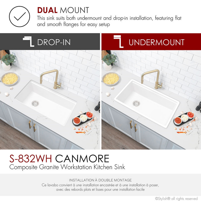 Stylish CANMORE 32" Dual Mount Workstation Single Bowl Composite Granite Kitchen Sink with Built in Accessories