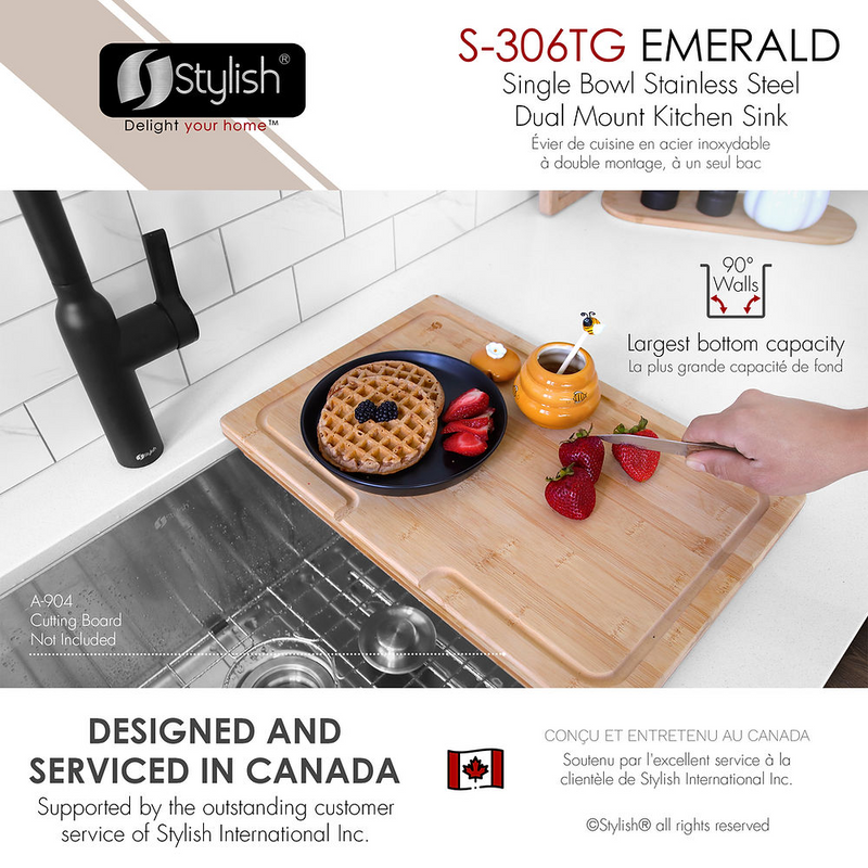 Stylish EMERALD 28" Dual Mount Single Bowl Kitchen Sink, 18 Gauge Stainless Steel with Grid and Basket Strainer - S-306TG