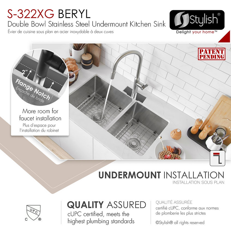 Stylish BERYL 33" Double Bowl 60/40 Reversible Undermount Kitchen Sink, 16 Gauge Stainless Steel with Grids and Basket Strainers - S-322XG