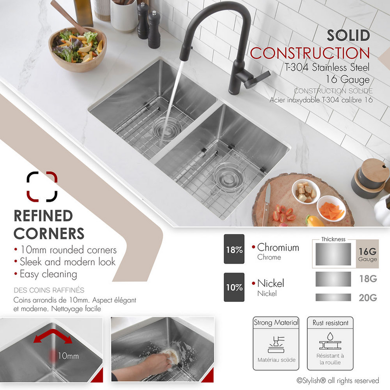 Stylish TOPAZ 28" Double Bowl Kitchen Sink, 16 Gauge Stainless Steel with Grids and Basket Strainers - S-300XG