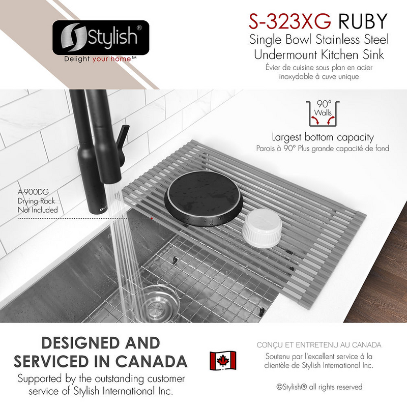 Stylish RUBY 32" Single Bowl Kitchen Sink, 16 Gauge Stainless Steel with Grid and Basket Strainer - S-323XG