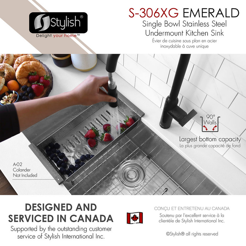 Stylish EMERALD 28" Dual Mount Single Bowl Kitchen Sink, 16 Gauge Stainless Steel with Grid and Basket Strainer - S-306XG
