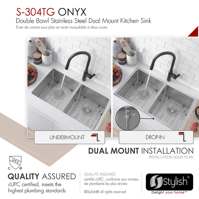 Stylish ONYX 30" Undermount or Drop-in Double Bowl Kitchen Sink, 18 Gauge Stainless Steel with Grids and Basket Strainers - S-304TG