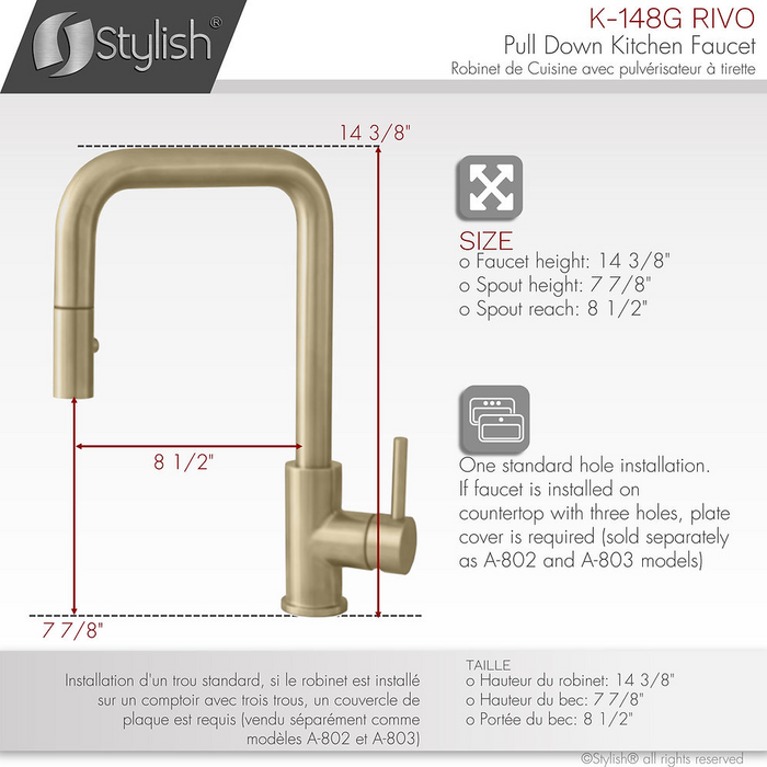 Stylish Riva Pull Down Kitchen Faucet & Water Tap in Brushed Gold - K148GK147G