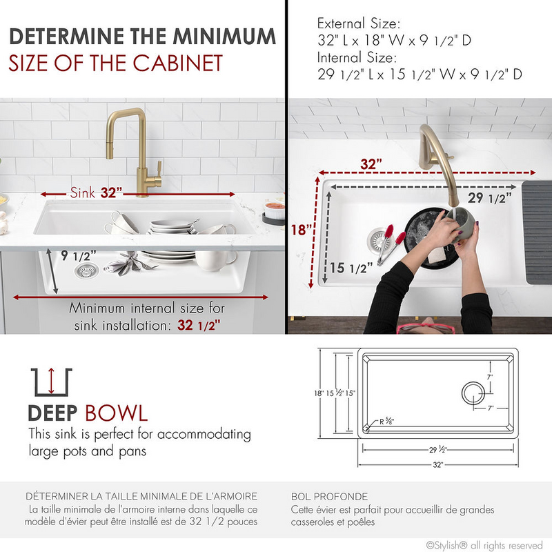 Stylish CANMORE 32" Dual Mount Workstation Single Bowl Composite Granite Kitchen Sink with Built in Accessories