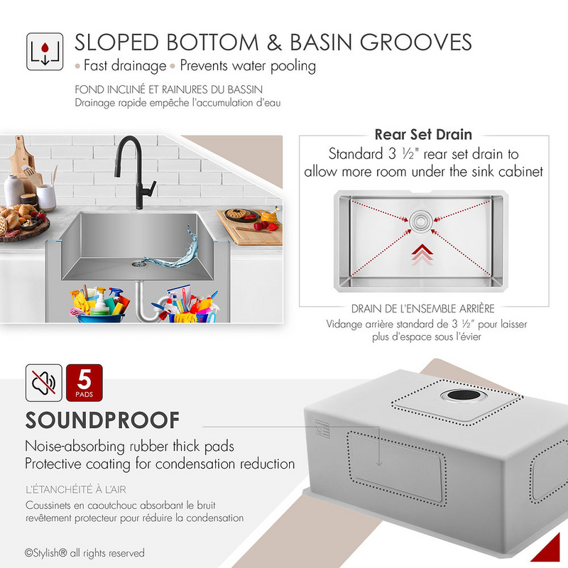 Stylish RUBY 32" Single Bowl Kitchen Sink, 16 Gauge Stainless Steel with Grid and Basket Strainer - S-323XG