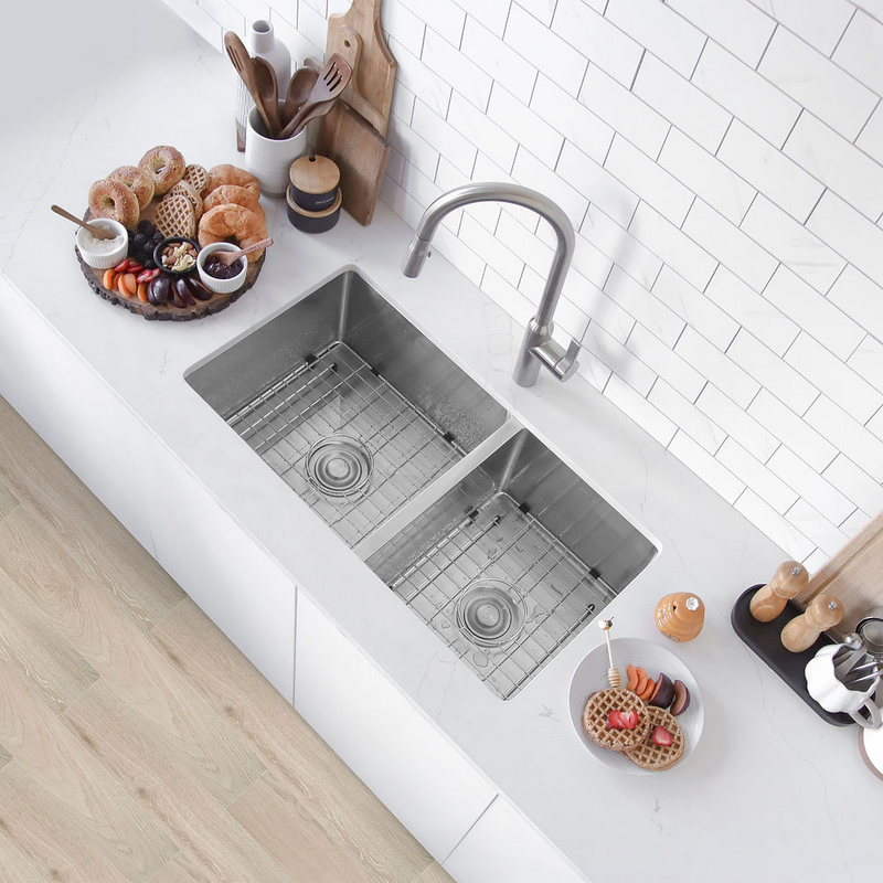 Stylish BERYL 33" Double Bowl 60/40 Reversible Undermount Kitchen Sink, 16 Gauge Stainless Steel with Grids and Basket Strainers - S-322XG
