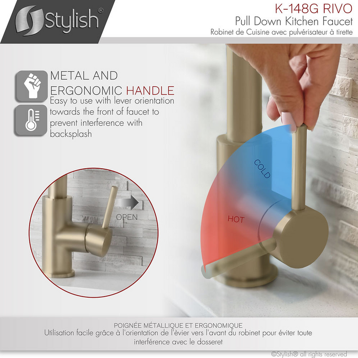 Stylish Riva Pull Down Kitchen Faucet & Water Tap in Brushed Gold - K148GK147G