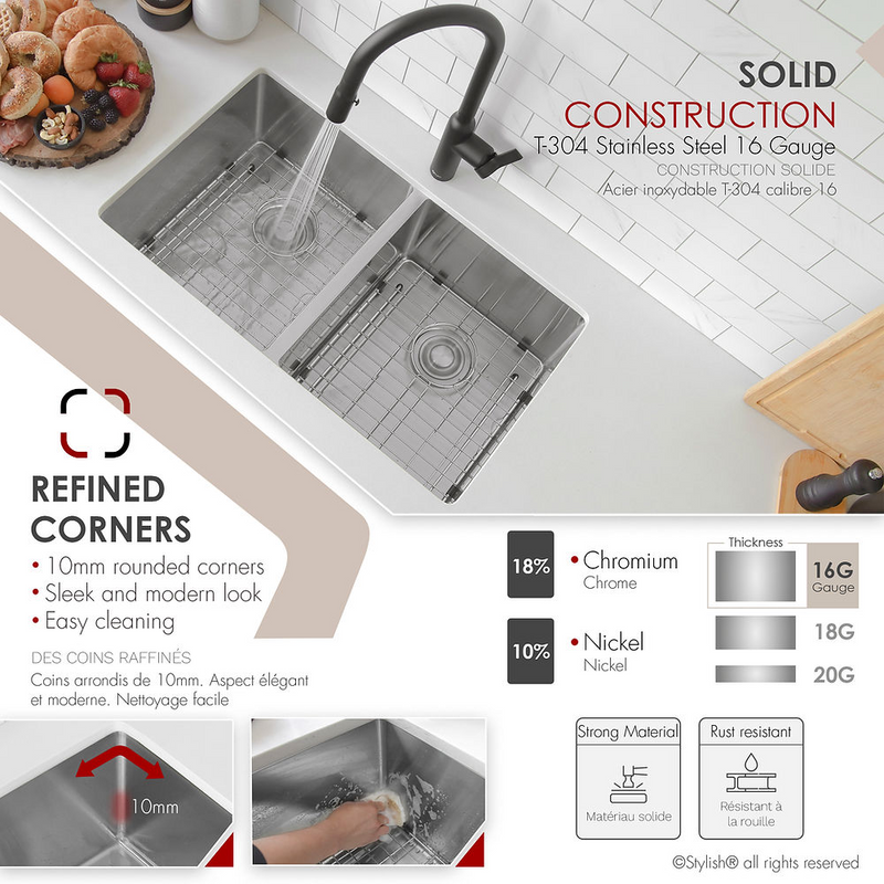 Stylish ONYX 30" Undermount or Drop-in Double Bowl Kitchen Sink, 16 Gauge Stainless Steel with Grids and Basket Strainers - S-304XG
