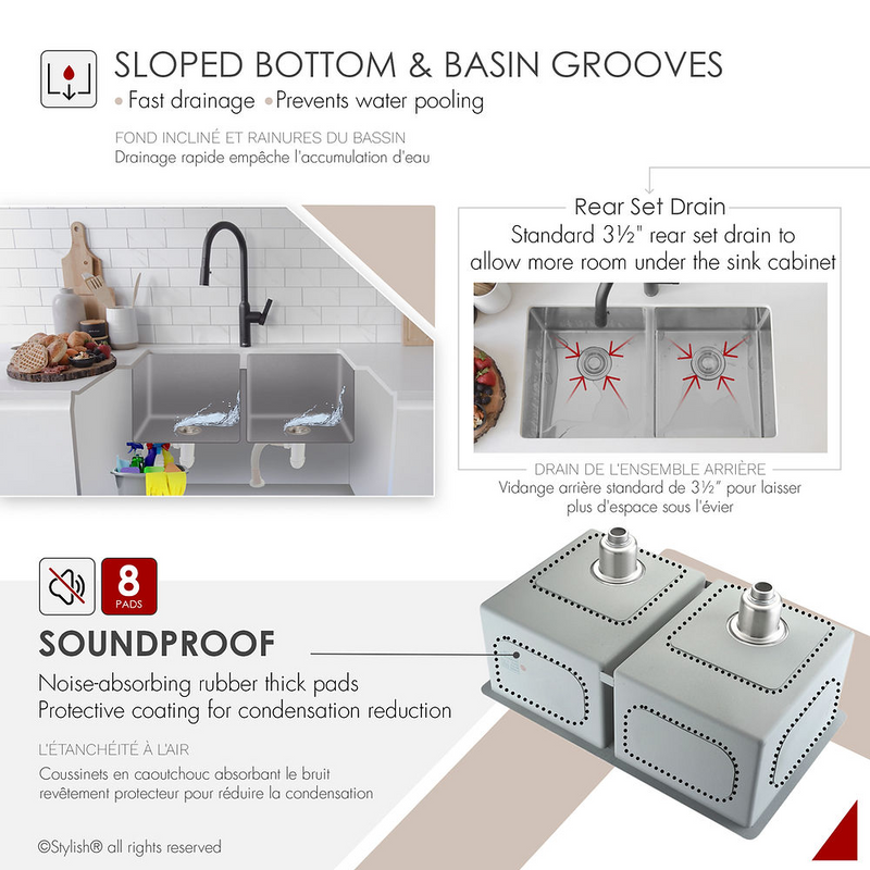 Stylish ONYX 30" Undermount or Drop-in Double Bowl Kitchen Sink, 16 Gauge Stainless Steel with Grids and Basket Strainers - S-304XG