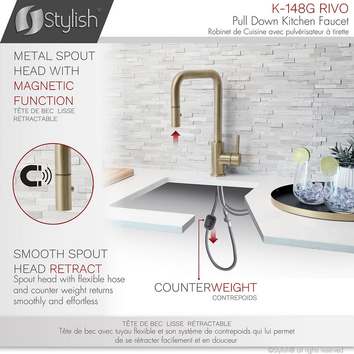 Stylish Riva Pull Down Kitchen Faucet & Water Tap in Brushed Gold - K148GK147G