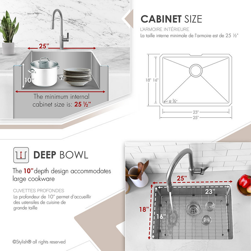 Stylish TEAL 25" Single Bowl Kitchen Sink, 16 Gauge Stainless Steel with Grid and Basket Strainer - S-312XG