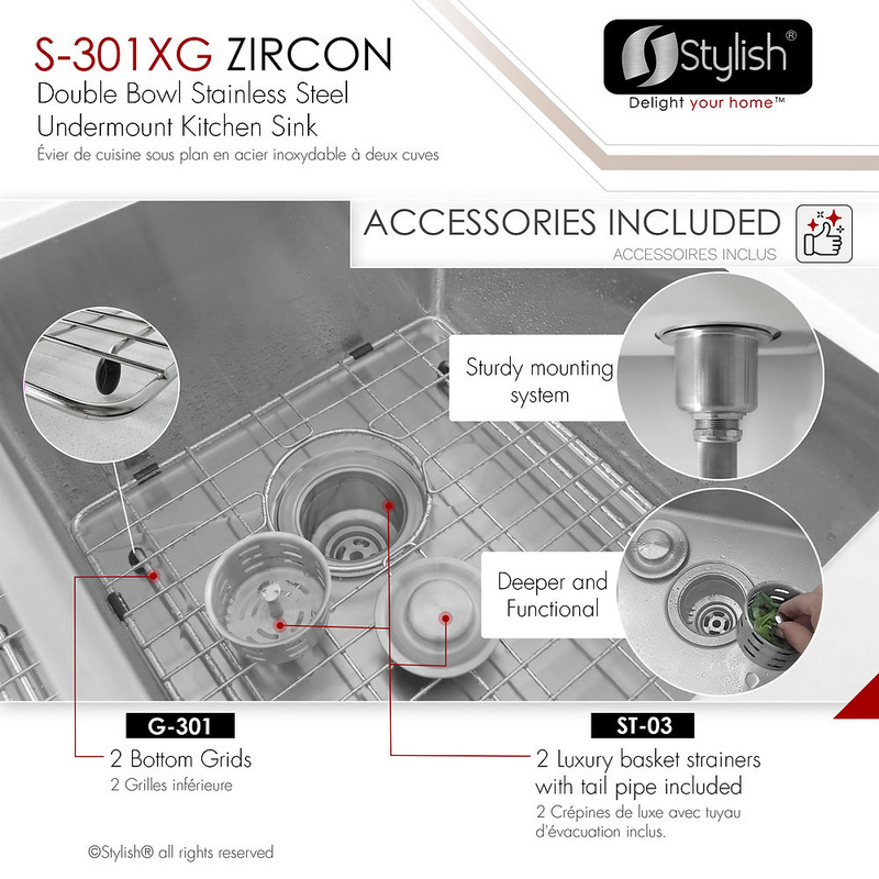 Stylish ZIRCON 32" Double Bowl Kitchen Sink, 16 Gauge Stainless Steel with Grids and Basket Strainers - S-301XG