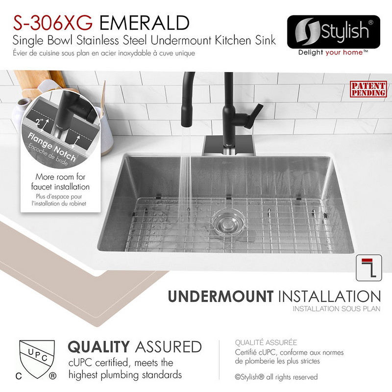 Stylish EMERALD 28" Dual Mount Single Bowl Kitchen Sink, 16 Gauge Stainless Steel with Grid and Basket Strainer - S-306XG