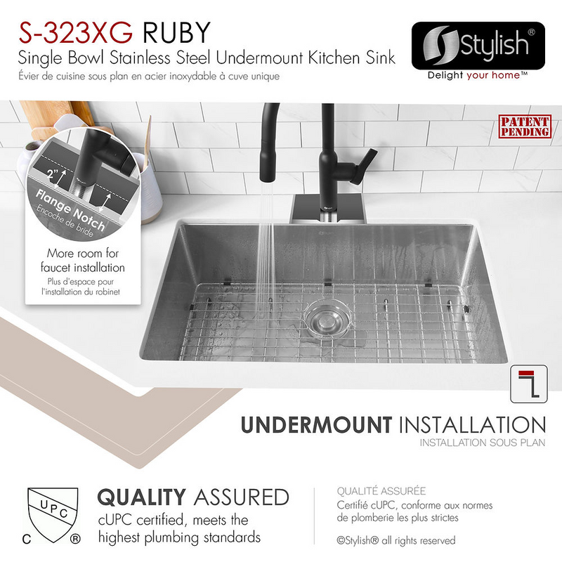 Stylish RUBY 32" Single Bowl Kitchen Sink, 16 Gauge Stainless Steel with Grid and Basket Strainer - S-323XG