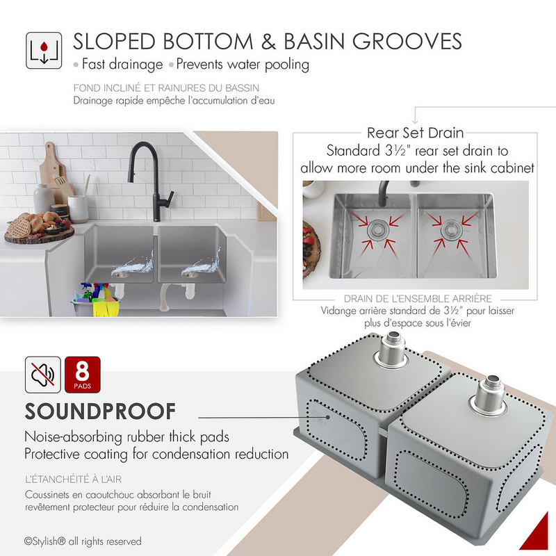 Stylish ZIRCON 32" Double Bowl Kitchen Sink, 18 Gauge Stainless Steel with Grids and Basket Strainers - S-301G