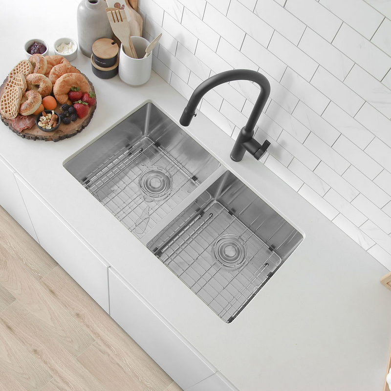 Stylish ONYX 30" Undermount or Drop-in Double Bowl Kitchen Sink, 18 Gauge Stainless Steel with Grids and Basket Strainers - S-304TG