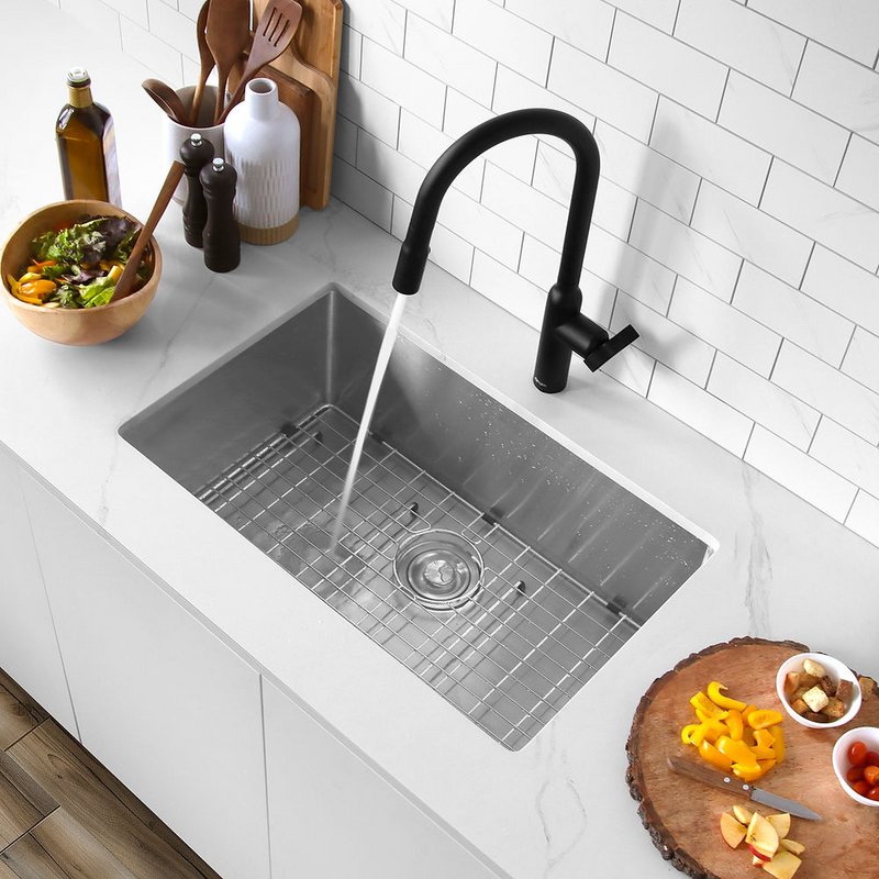 Stylish EMERALD 28" Dual Mount Single Bowl Kitchen Sink, 18 Gauge Stainless Steel with Grid and Basket Strainer - S-306TG
