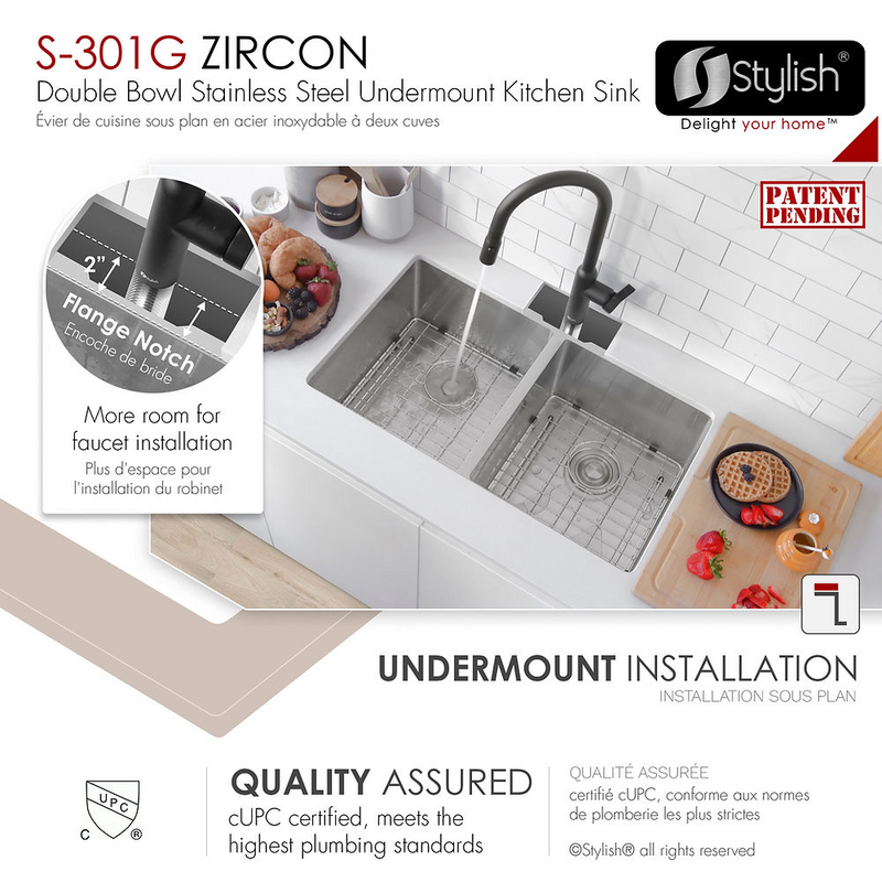 Stylish ZIRCON 32" Double Bowl Kitchen Sink, 18 Gauge Stainless Steel with Grids and Basket Strainers - S-301G