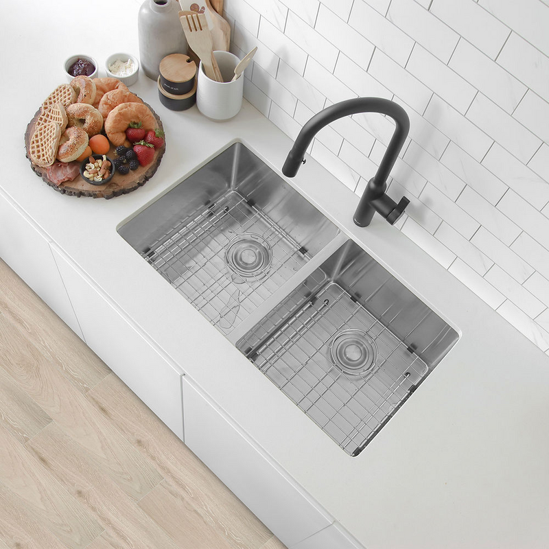 Stylish ZIRCON 32" Double Bowl Kitchen Sink, 18 Gauge Stainless Steel with Grids and Basket Strainers - S-301G