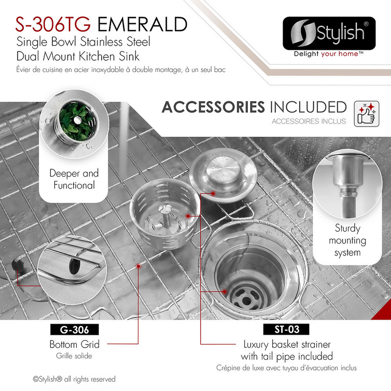 Stylish EMERALD 28" Dual Mount Single Bowl Kitchen Sink, 18 Gauge Stainless Steel with Grid and Basket Strainer - S-306TG